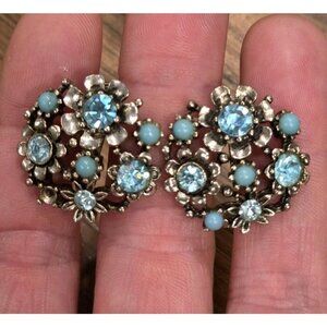 Vtg Lisner Earrings Signed Screw Back Blue Rhinestone Faux Pearl As Is